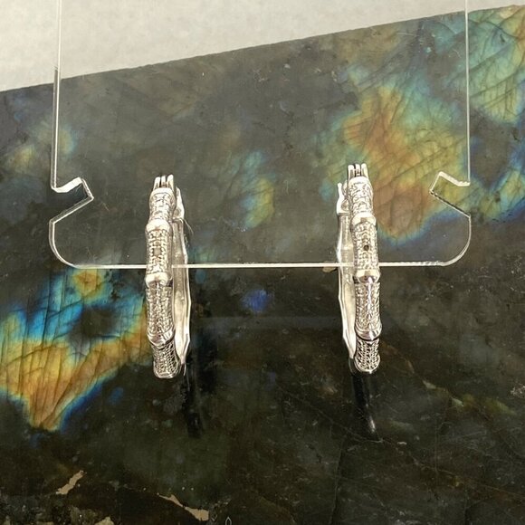 Sterling Silver 925 DBJ Bamboo Style Single Diamond Hoop Earrings MISSING STONE - Picture 12 of 16